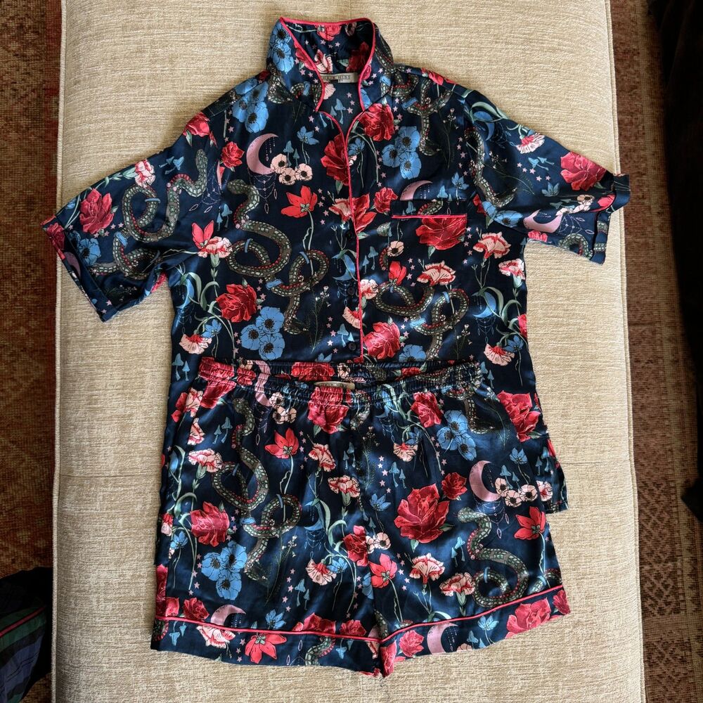 Their Nibs Satin Snake Rose Women's Two Piece Shorts Pajama Set SZ M